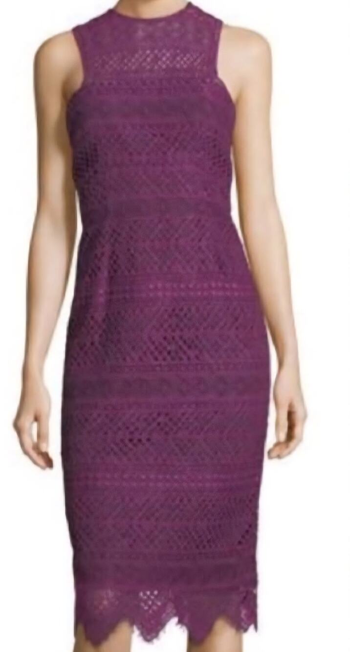 Trina Turk High Neck Lace Overlay Sheath Dress sz 10 plum scalloped hem USA